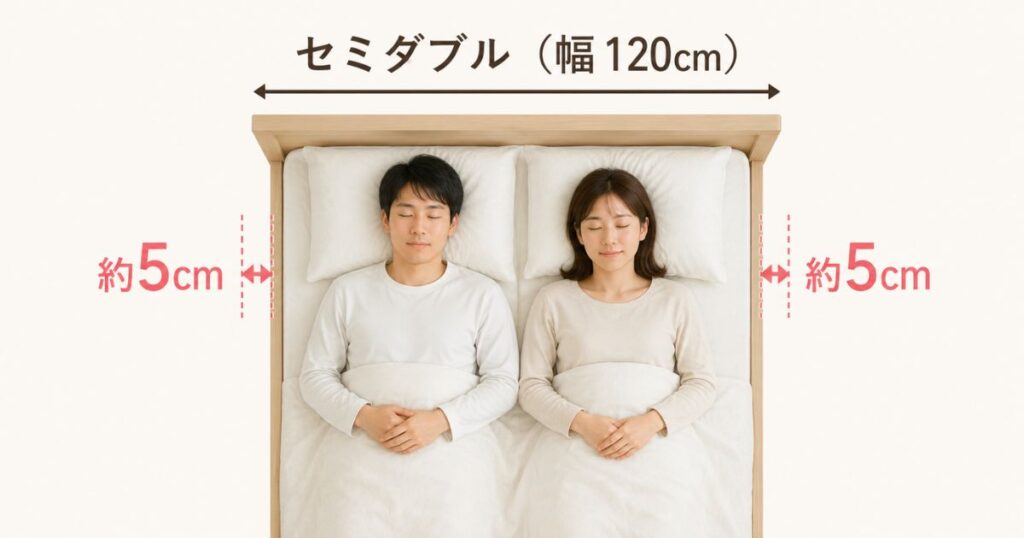 セミダブルベッドに大人二人があお向けで寝たとき左右に残るすき間を示した俯瞰図