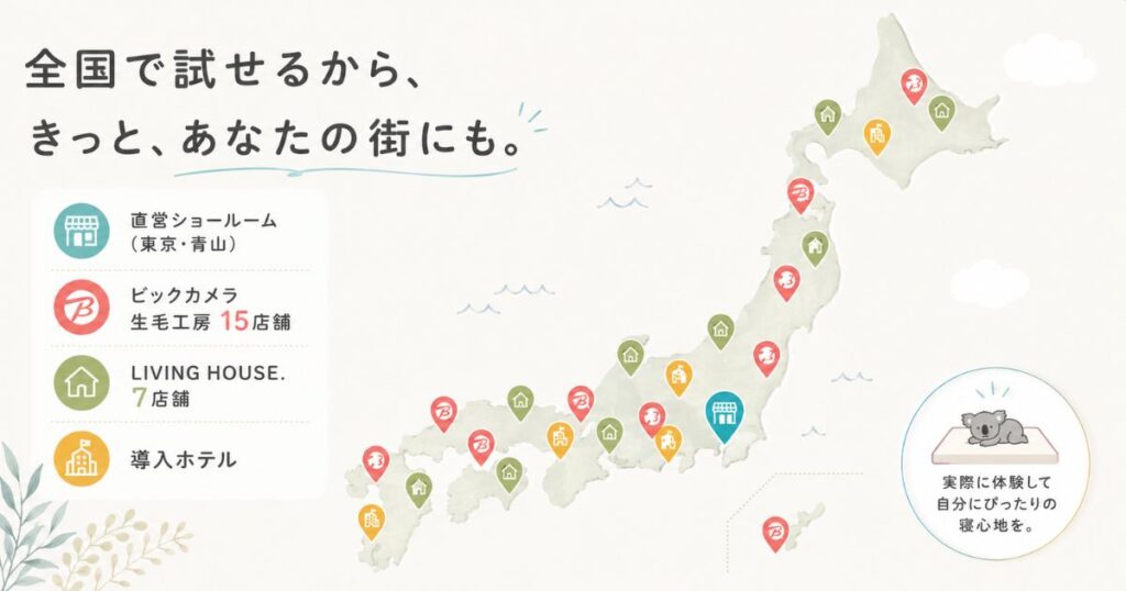 コアラマットレスの実店舗とショールームと取扱店を示した全国マップ