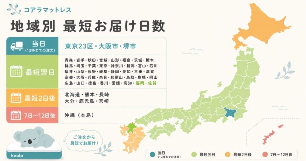 コアラマットレスの地域別最短お届け日数を色分けした日本地図