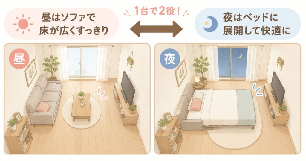 昼はソファ・夜はベッドとして使える同じワンルームを左右に並べた省スペースの比較イラスト