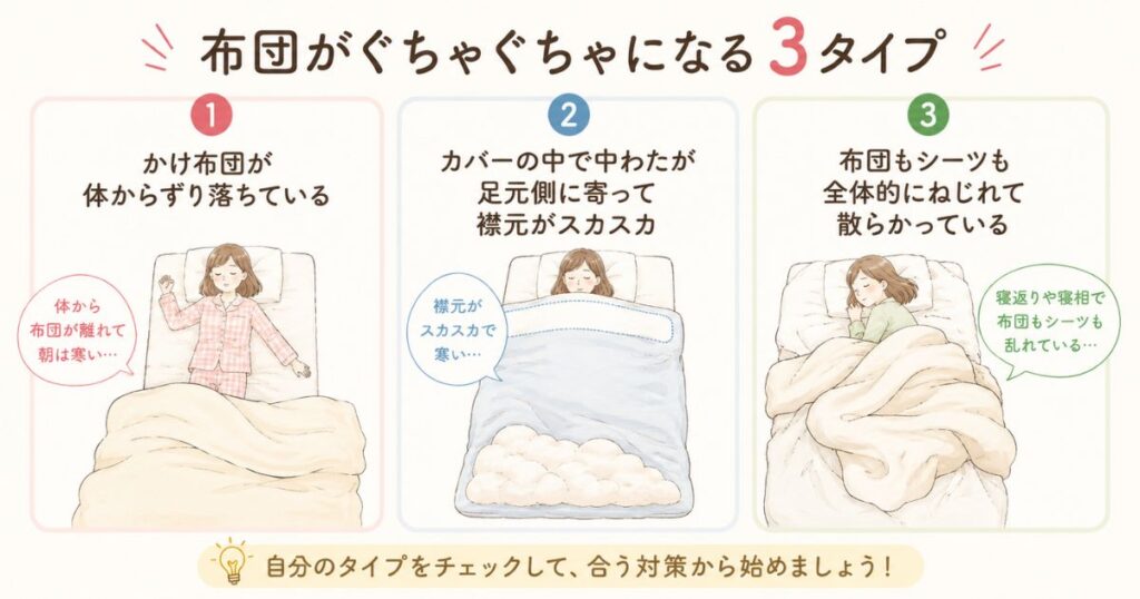 布団がぐちゃぐちゃになる3つのタイプをかけ布団のずれ・中身の片寄り・全体の乱れで分類した図