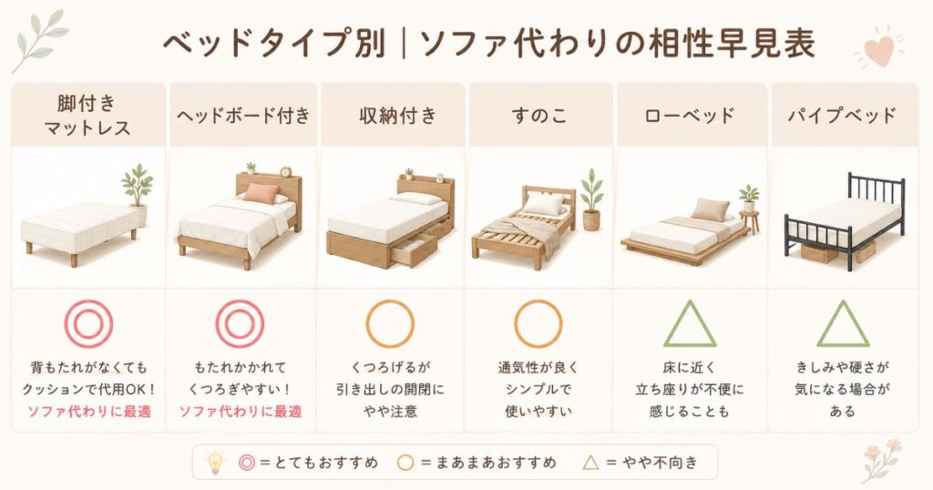ベッドのタイプ別にソファ代わりの相性を◎◯△で比較した図