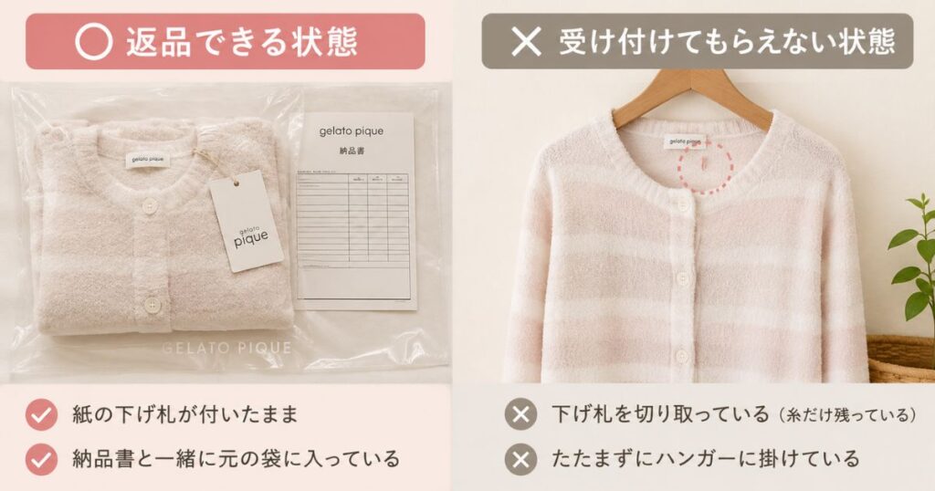 タグと納品書が残った状態と、タグを切ったあとの状態を並べた比較
