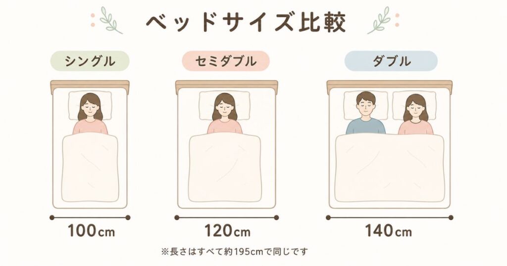シングルとセミダブルとダブルの幅を同じ縮尺で並べたベッドサイズ比較図