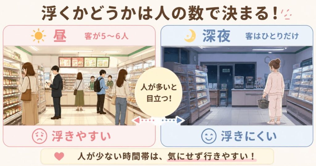 パジャマのままの人と羽織り物を足した人が夜のコンビニ前に並ぶ様子の比較