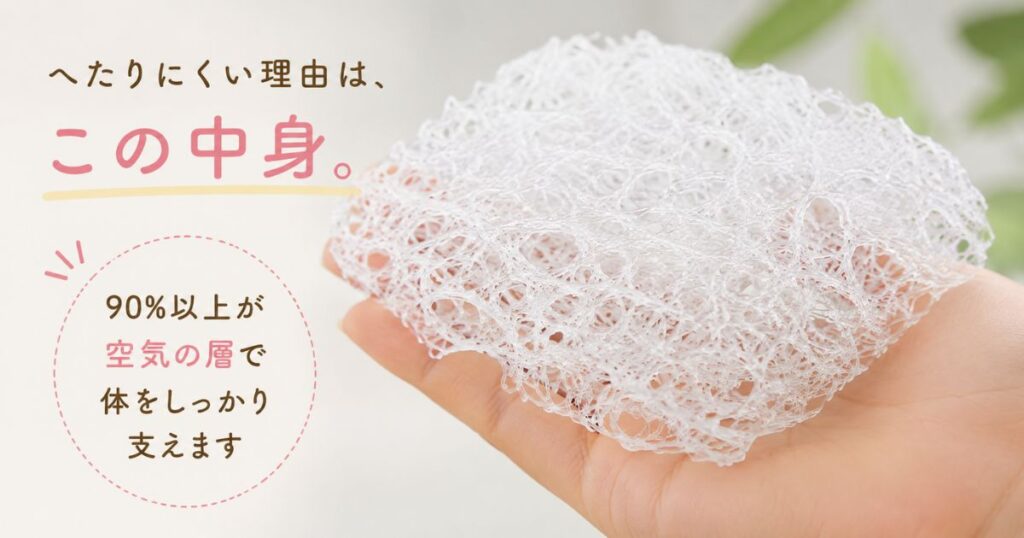 エアウィーヴの耐久性を支える中材エアファイバーの網目状に絡み合った樹脂の様子