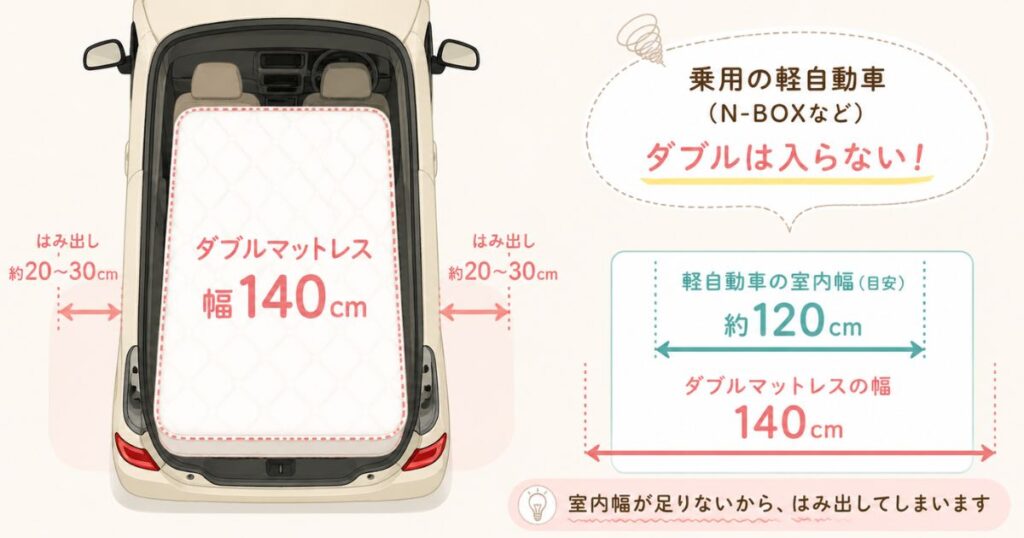 室内幅120cmの軽自動車にダブルマットレスの幅140cmが収まらず左右がはみ出す比較図