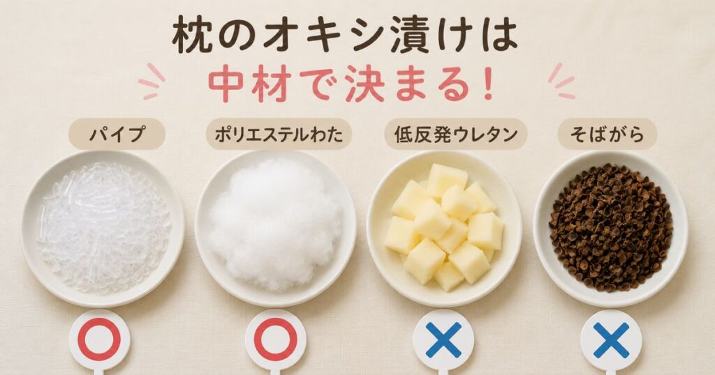 枕のオキシ漬けができる中材とできない中材を並べて比べたようす