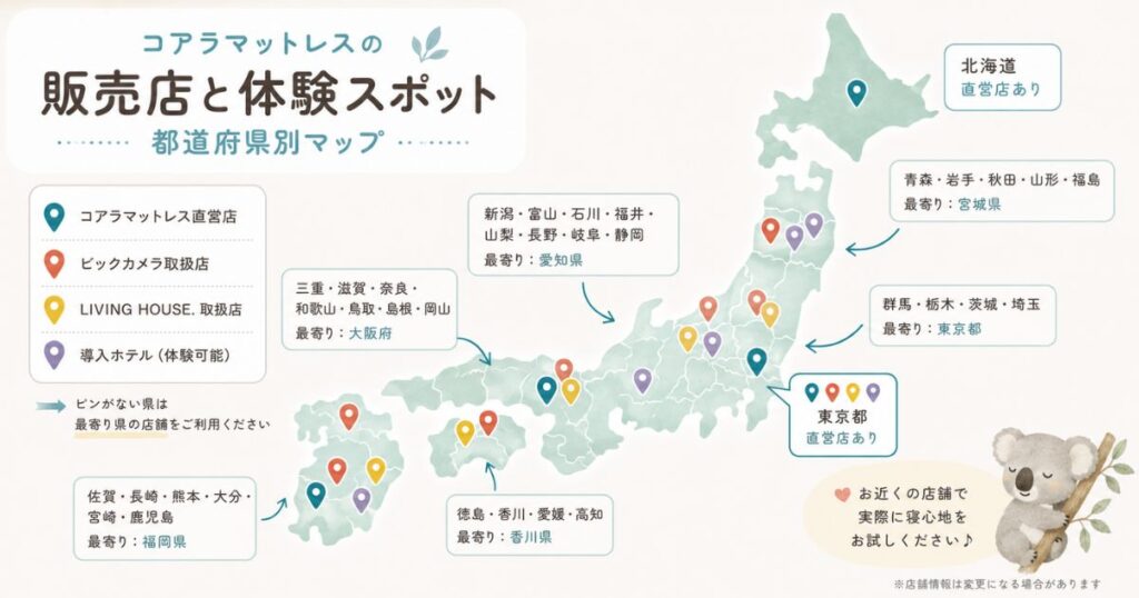 コアラマットレスの販売店と体験スポットを都道府県別に示したマップ
