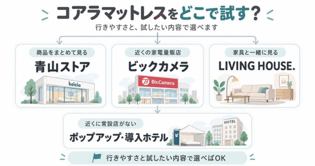 コアラマットレスを試せる青山ストアとビックカメラとLIVING HOUSEの違い