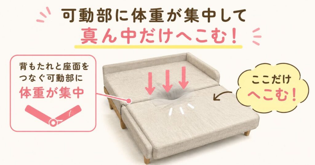 ソファーベッド中央の可動部に体重が集中し真ん中だけへこむ構造を示したイラスト