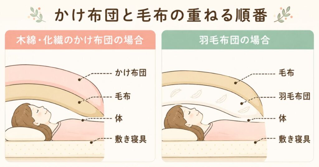 かけ布団と毛布の重ねる順番を木綿の場合と羽毛の場合で比較した断面図