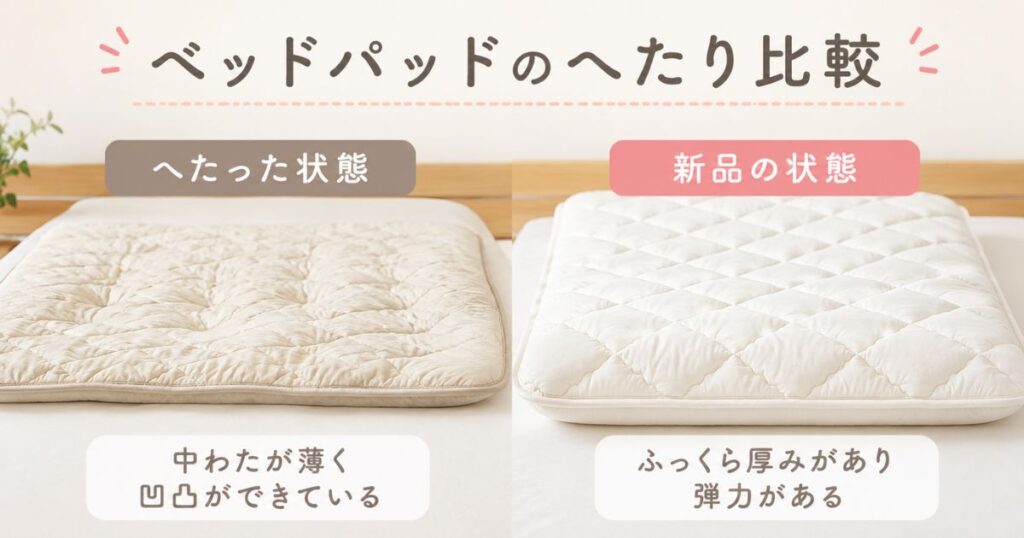 中わたがへたって薄くなったベッドパッドと、ふっくらした新品の比較