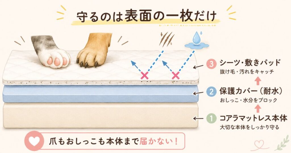 コアラマットレスを犬や猫の爪や粗相から守るシーツと保護カバーの重ね方を示した断面図