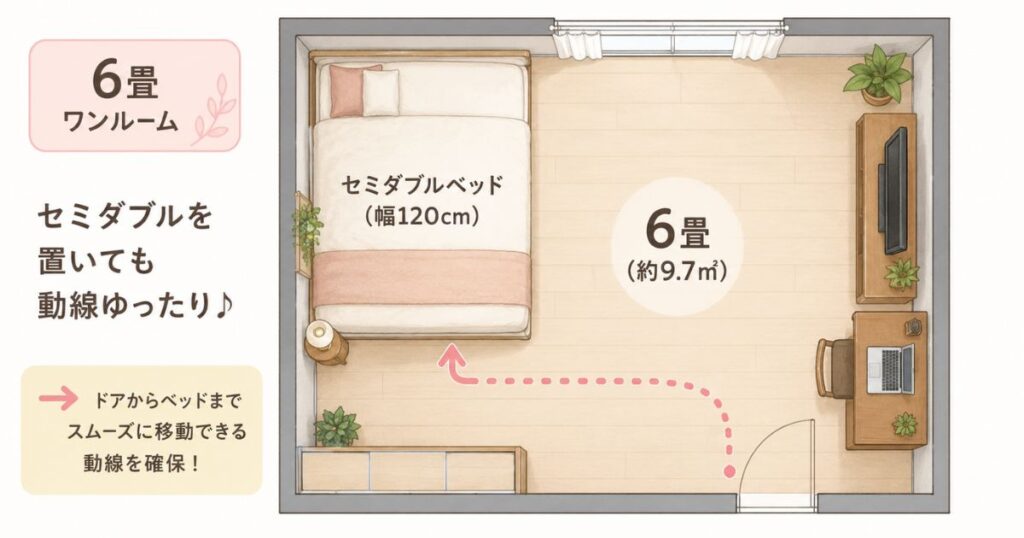 6畳ワンルームにセミダブルを置いたレイアウト図