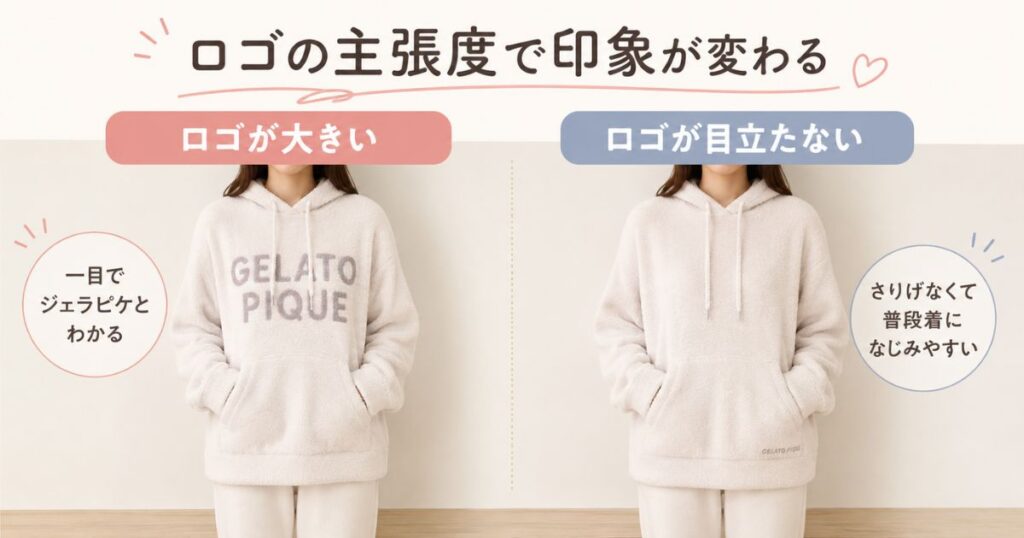 ロゴが大きいジェラートピケのパーカーとロゴが目立たないパーカーを並べて比べたところ