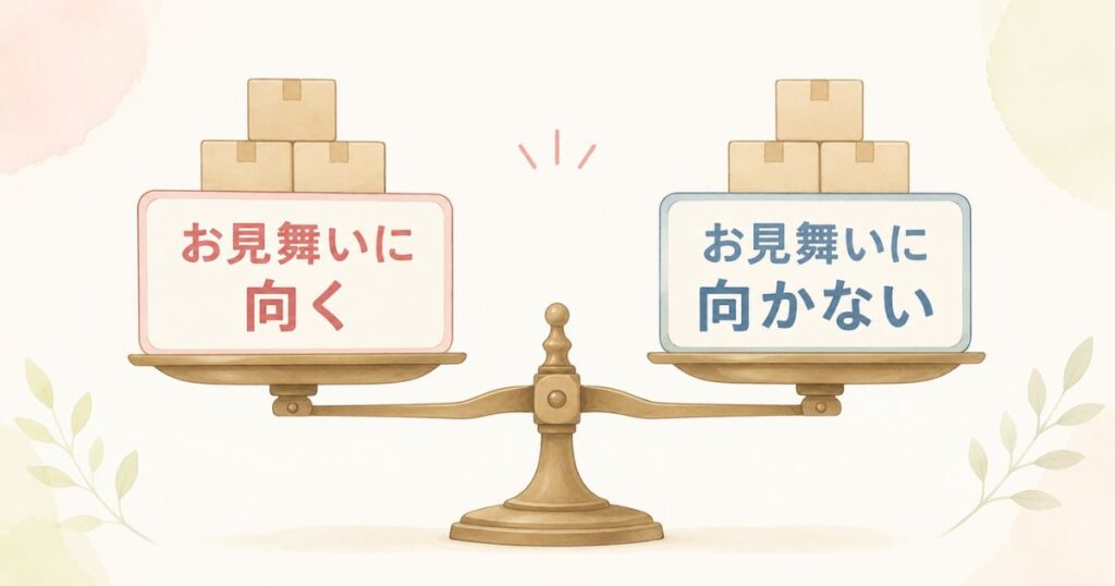 パジャマをお見舞いに贈ってよいかで見解が分かれている状態を表した天秤の図