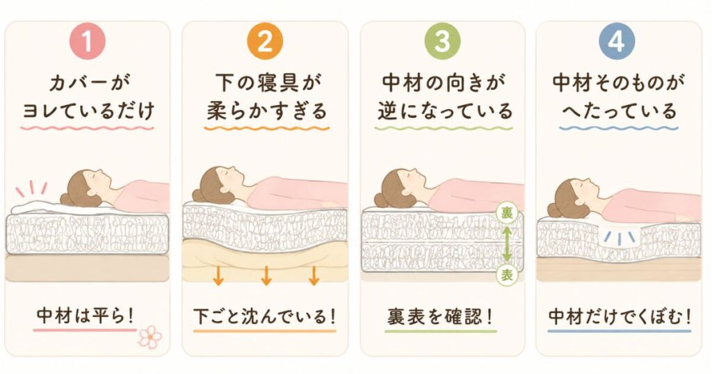 エアウィーヴのへこみの原因をカバー・下の寝具・向き・中材の4パターンで比べた図解