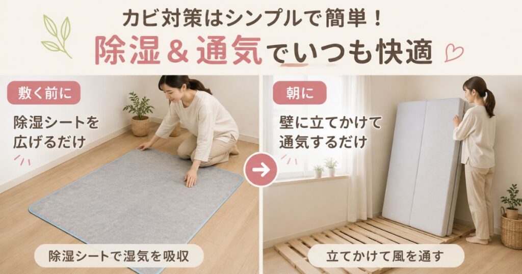 エアウィーヴを床置きするとき除湿シートとすのこでカビ対策をする様子