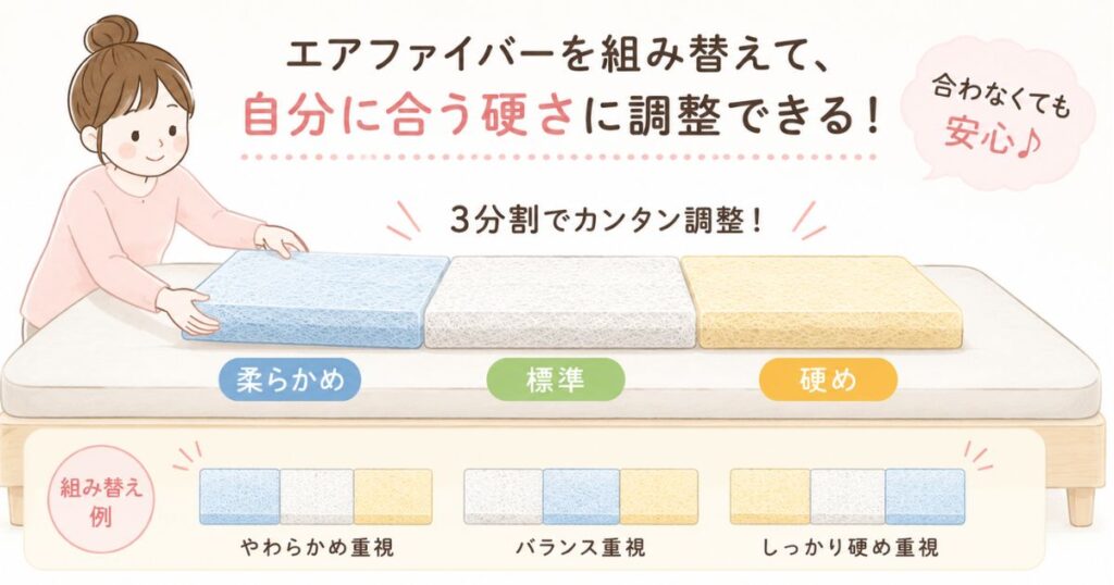 エアウィーヴのエアファイバーを柔らかめ標準硬めに組み替えて硬さ調整するイメージ