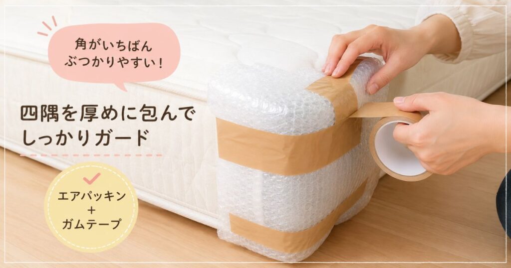 マットレスの四隅をエアパッキンで厚めに包みガムテープで固定した梱包の様子