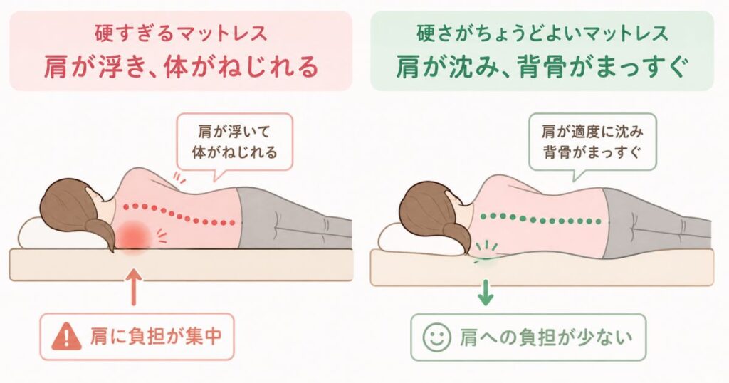 硬すぎるマットレスで肩が浮く横向き寝と適度に沈む横向き寝の比較