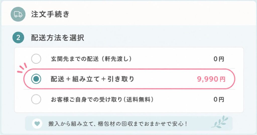 注文画面で配送+組み立て+引き取りのオプションを選ぶ場所