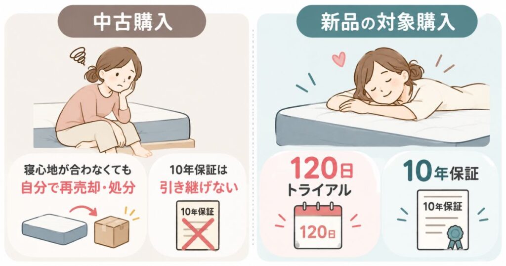 コアラマットレスの中古購入では120日トライアルと10年保証を引き継げず、新品の対象購入では両方を利用できる違いを示した比較図