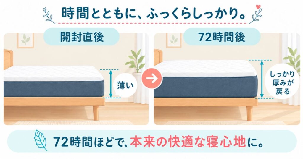 開封直後と72時間後で厚みと硬さが変わるコアラマットレスの比較