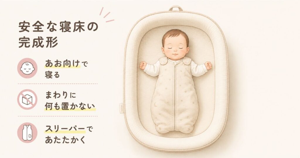 あお向けで寝る赤ちゃんとスリーパー、まわりに物を置かないベッドインベッドの寝床