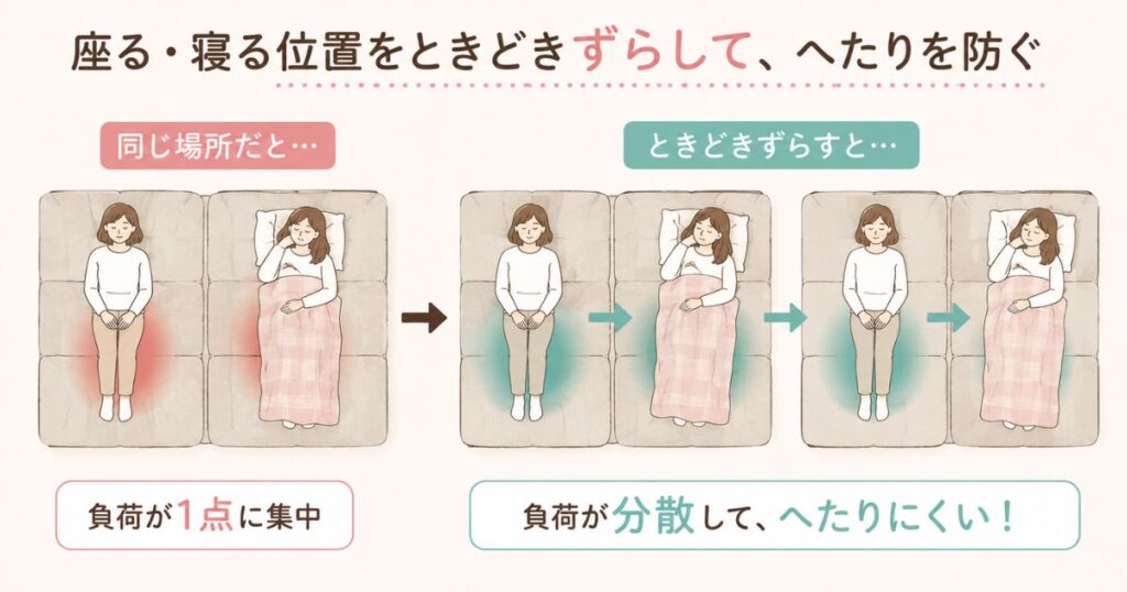 ソファーベッドの座る・寝る位置をずらして負荷を分散させるローテーションを上から示した図