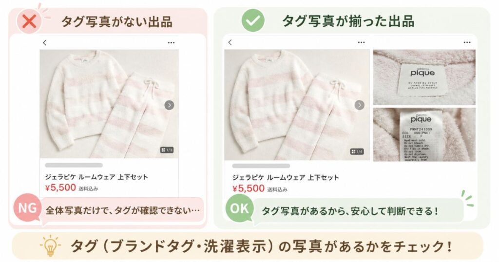 フリマアプリでタグ写真のないジェラピケの出品とタグ写真が揃った出品の比較