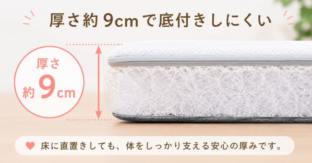 厚さ約9cmで床に直置きしても底付きしにくいエアウィーヴの断面