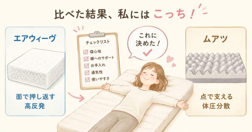 エアウィーヴとムアツマットレスを比較して自分に合う方を選んで快適に眠る人のイメージ