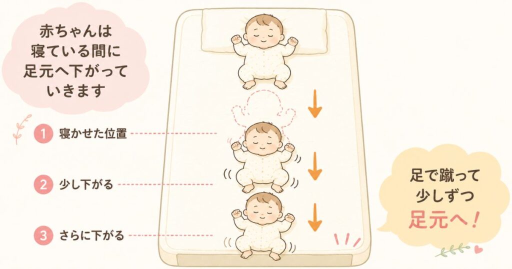 赤ちゃんが寝ている間に布団の足元へ少しずつ下がっていく動きを示したイラスト