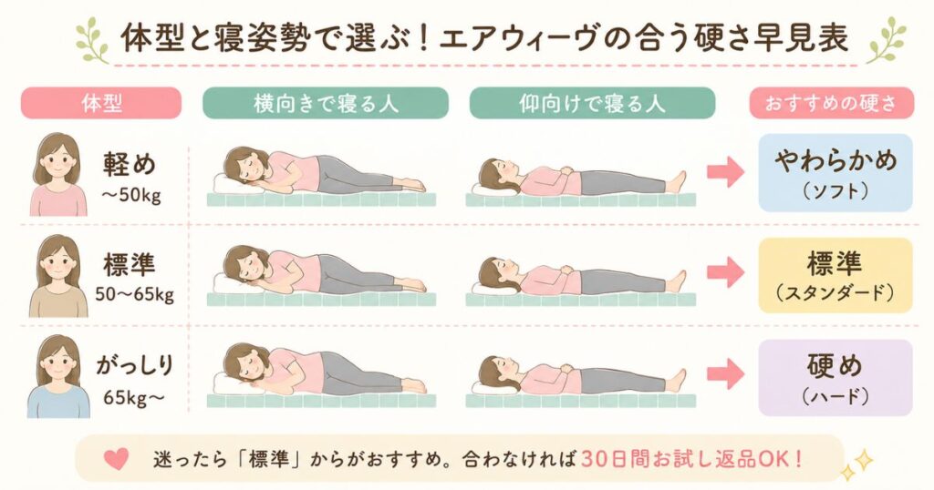 体重や寝姿勢に合わせてエアウィーヴの硬さを選ぶ失敗しない選び方の早見イラスト