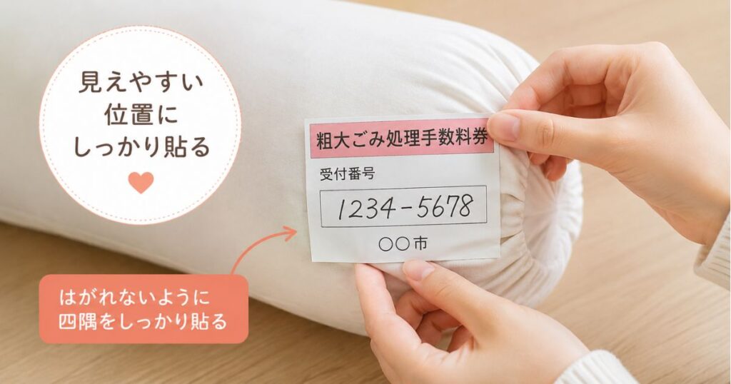 抱き枕に粗大ごみ処理手数料券を貼っている手元