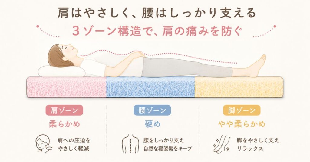 肩は柔らかく腰は硬いエアウィーヴのゾーニング構造の断面イメージ