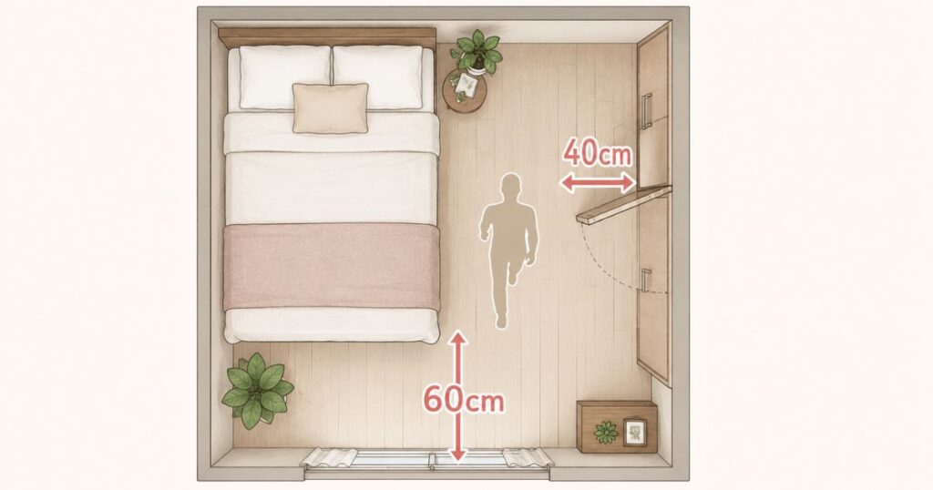 セミダブルベッドを置いた部屋で確保したい通路幅の目安を示した俯瞰図