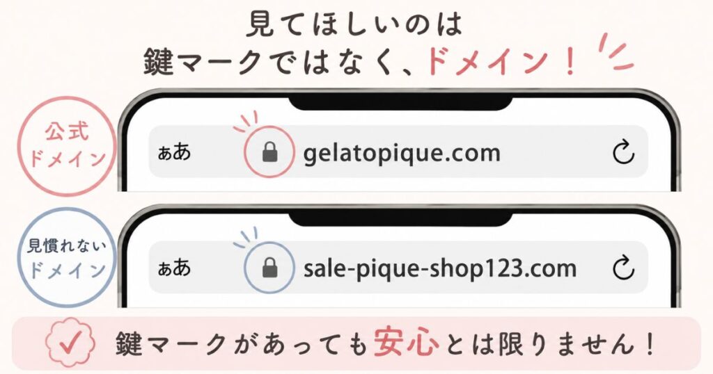 ジェラピケの公式ドメインと見慣れないドメインをブラウザのアドレス欄で比べた例