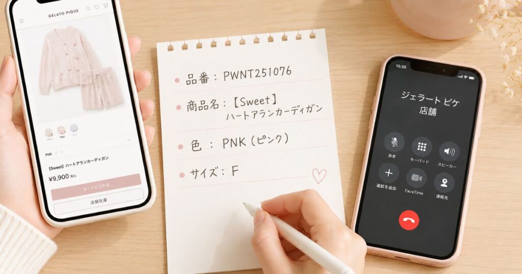 ジェラピケの在庫検索を電話で頼む前に品番と色をメモした手元