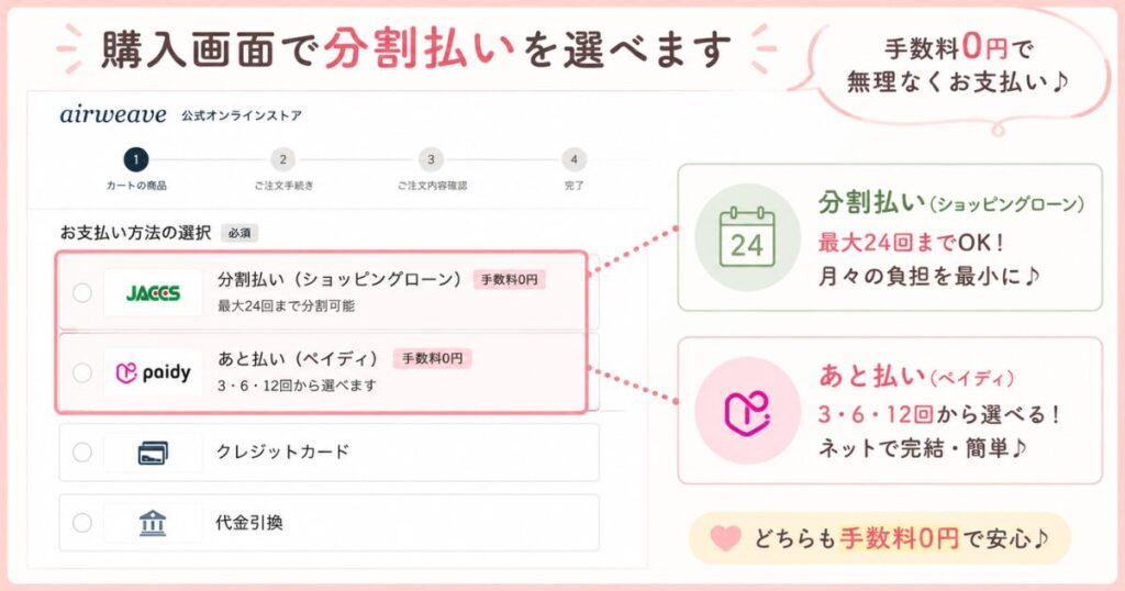 エアウィーヴの購入画面で分割払いを選ぶ場所を示した図