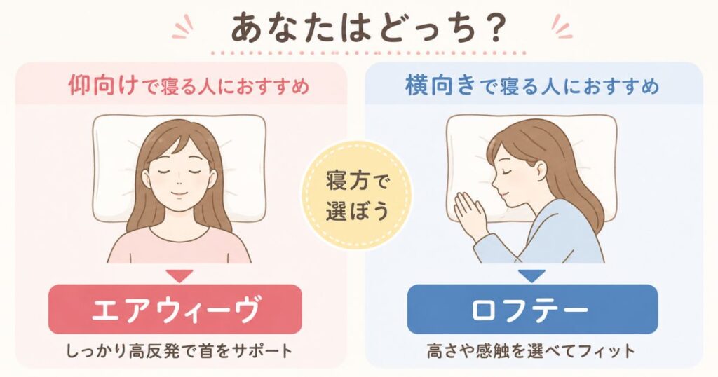 エアウィーヴとロフテーの枕を寝方別にどっちがおすすめか選び分けたところ
