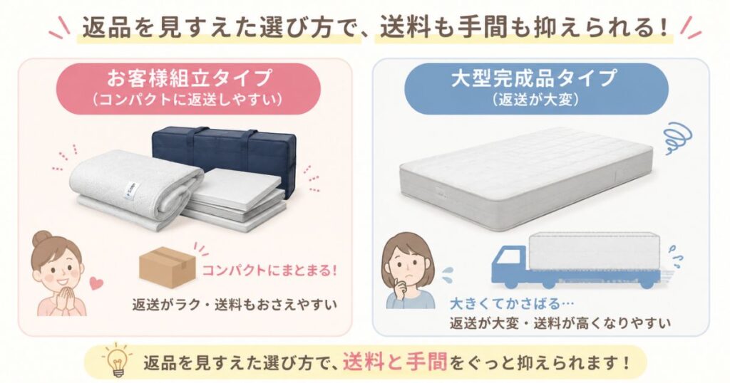 お客様組立タイプと完成品タイプの返送のしやすさの違いを示すイメージ