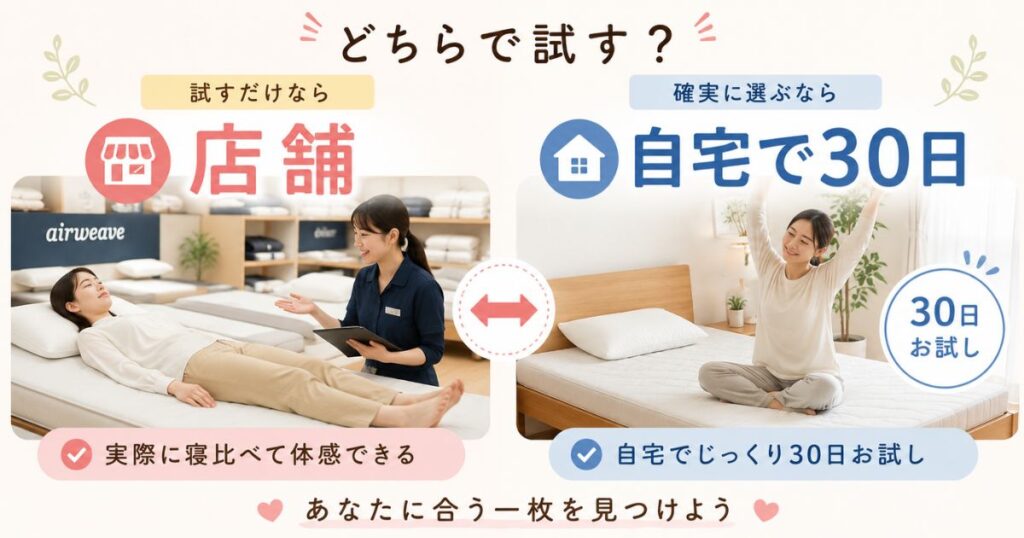 エアウィーヴを店舗で試す様子と自宅の公式オンラインストアで30日お試しする様子の比較