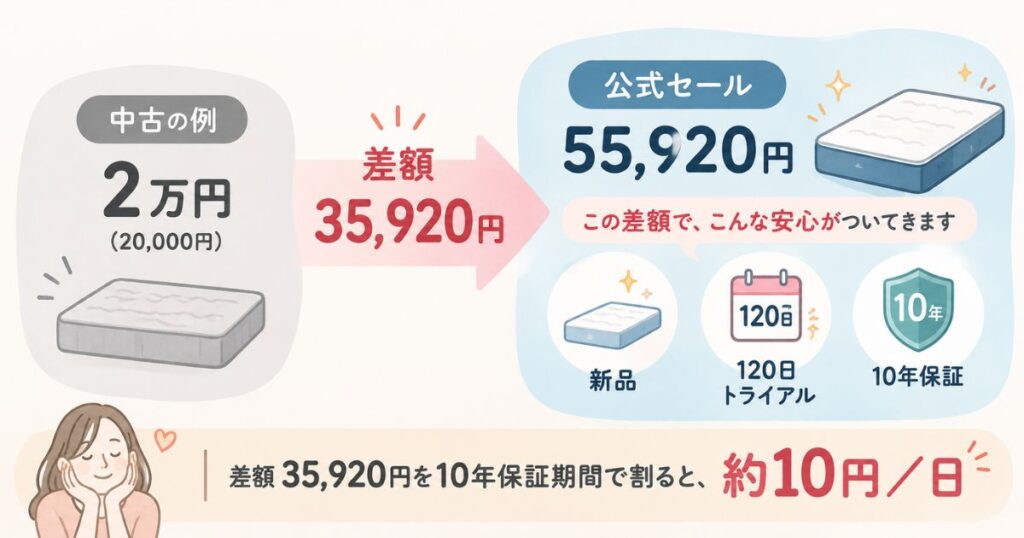 中古2万円の例と公式セール55,920円の差額35,920円に新品状態、120日トライアル、10年保証が含まれることを示した比較図
