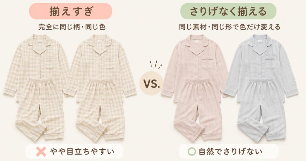 完全に同じ柄のペアパジャマと色違いで揃えたペアパジャマの比較