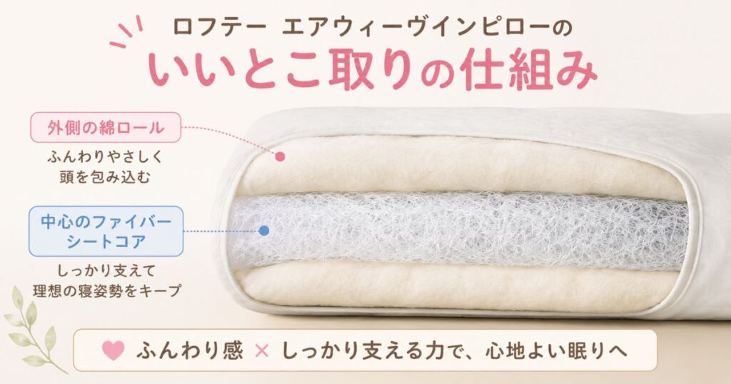 ロフテー エアウィーヴインピローの綿とエアファイバーの2層構造を見たところ
