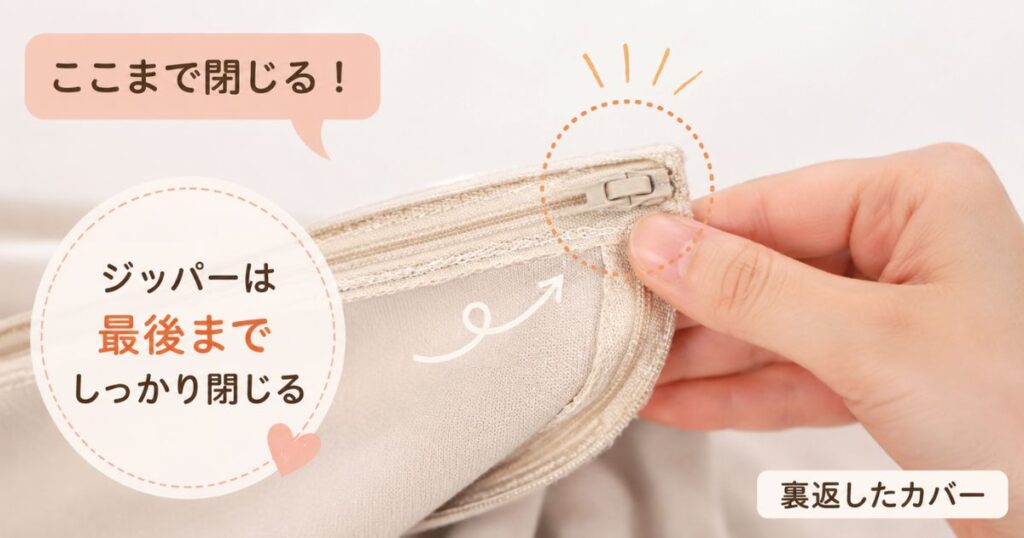 裏返したヨギボーのカバーのジッパーを最後まで閉じたところ