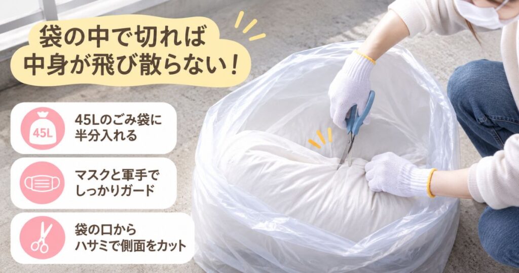 ごみ袋の中に入れた抱き枕をマスクと軍手をつけてハサミで切っている手元